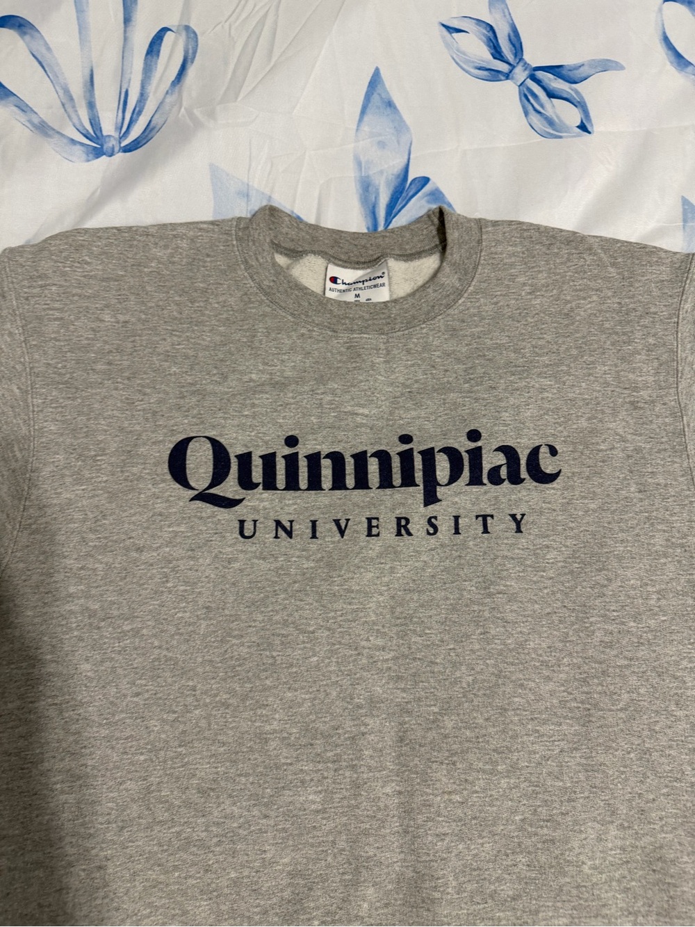 Champion Gray Crewneck with Navy Quinnipiac University Logo